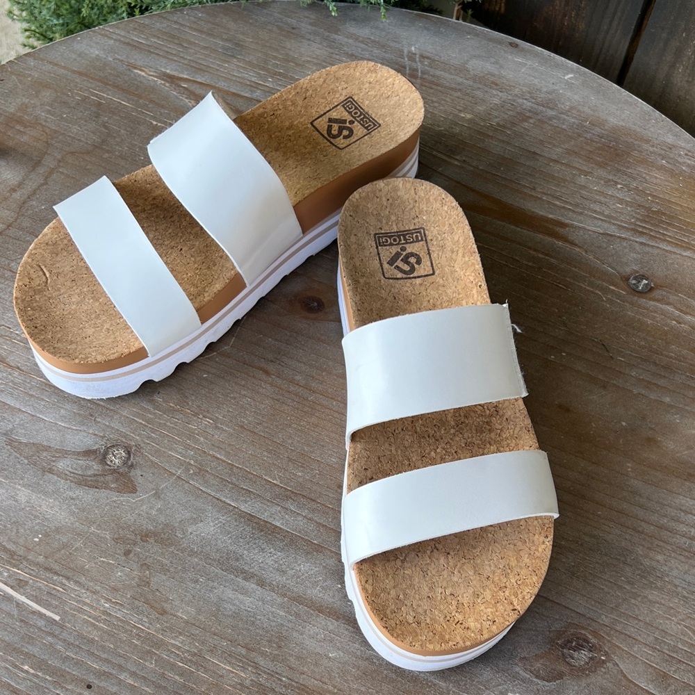 White Double-Strap Cork Platform Sandals - Women's